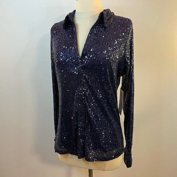 Haver & Blair Women's Blue Sequin Button Up Long Sleeve Shirt - Size Small - NWT - Picture 1 of 4